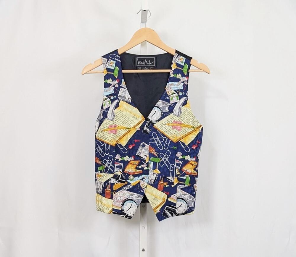 Vintage 90s Vest Nicole Miller Office Desk Clocks Silk Women's Size M 1993